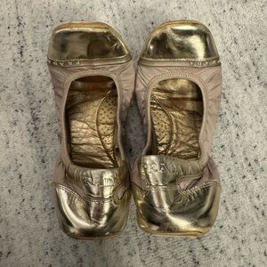 Prada Sport 39 Regular Width “dancing” Ballet Shoes Flats In Nude & Gold Accents